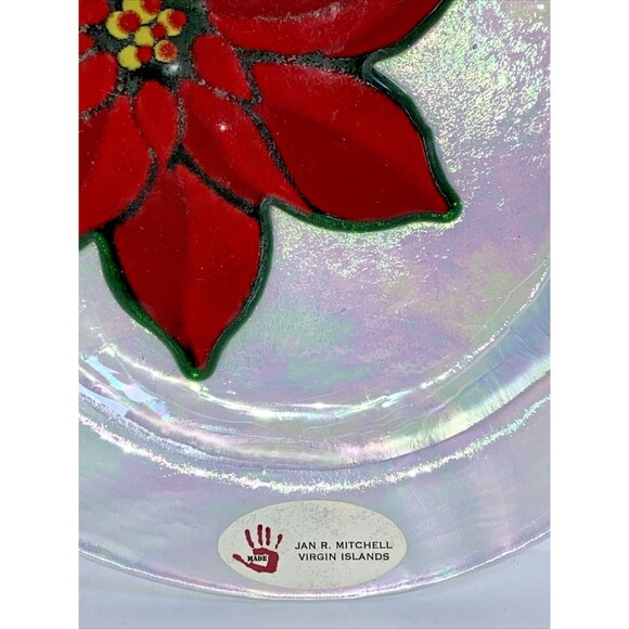 Jan Mitchell Fused Iridescent Clear Glass Plate Red Poinsettia Signed 7.5" New - Picture 3 of 6
